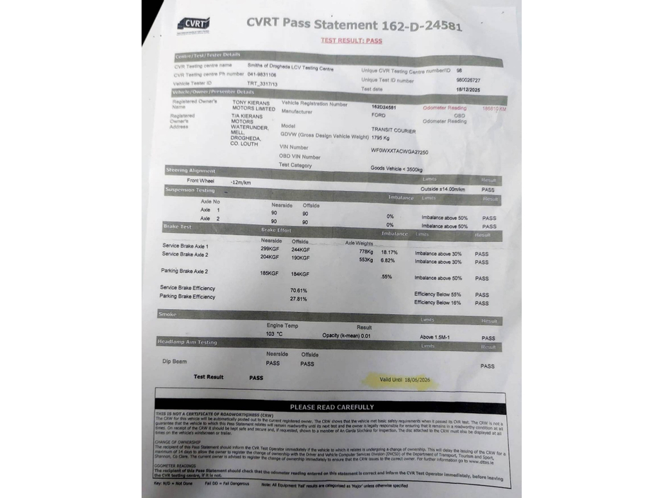 2016 Ford Transit Courier 1.6 TDCI   75BHP  VAN : One Owner ; New D.O.E. €6,950